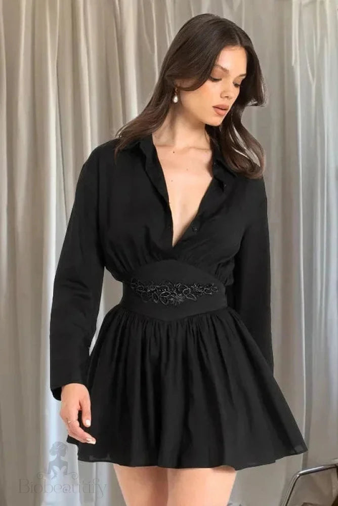 Pleated Long Sleeve A-Line Mini Dress