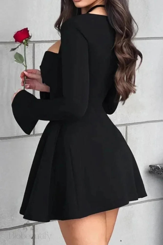 Pleated Long Sleeve A-Line Mini Dress With Square Neck