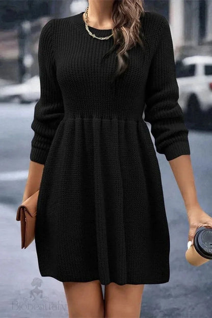 Pleated Long Sleeve Mini Dress With High Waist