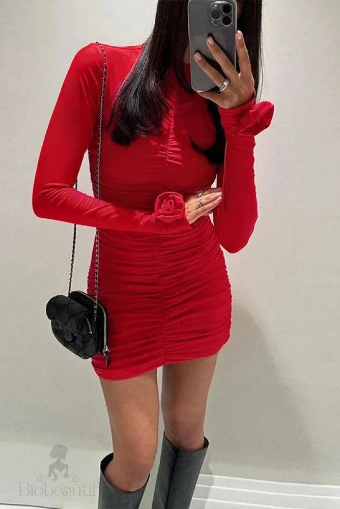 Pleated Long Sleeve O Neck Mini Dress