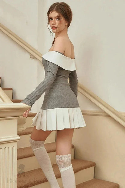 Pleated Patchwork Off-Shoulder Mini Dress With Long Sleeves