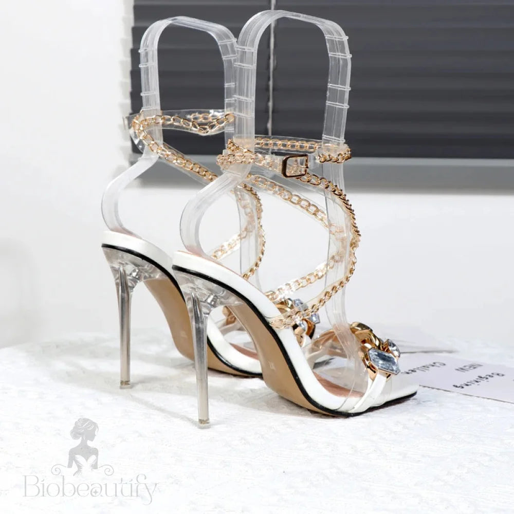 Plus Size Thin Heel High Sandals With Metal Chain And Rhinestone Square Head