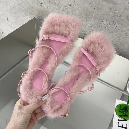 Plush Fur Fuzzy Sandals With Thin Heels For Women