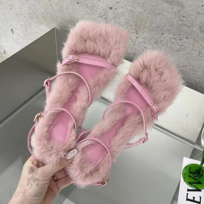 Plush Fur Fuzzy Sandals With Thin Heels For Women Pink / 40