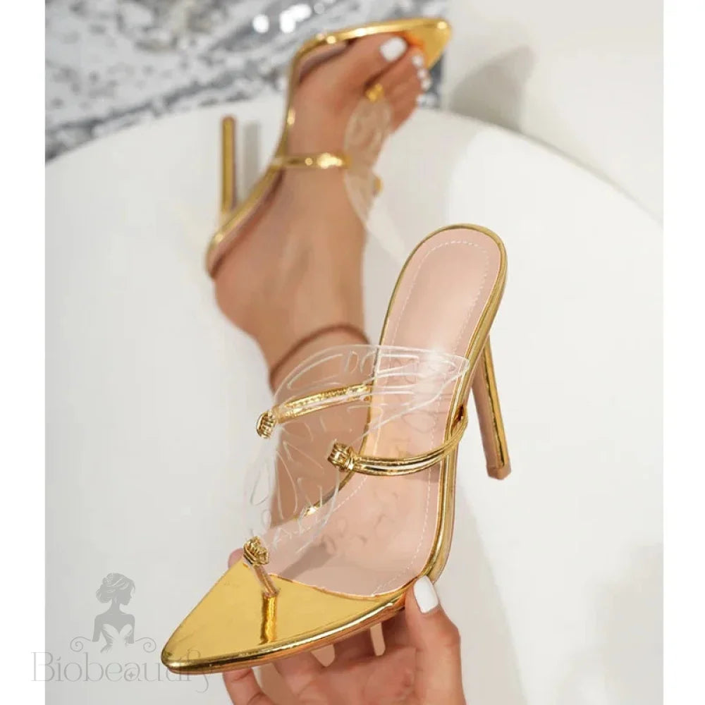 Pointed Toe Women Slippers Street Style Gold Silver High Heels Sandals