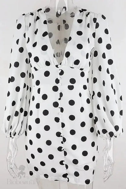 Polka Dot Mini Dress With Lantern Sleeves