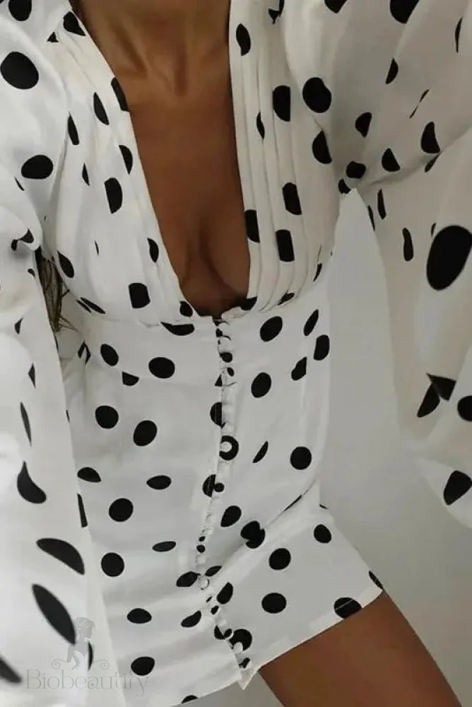 Polka Dot Mini Dress With Lantern Sleeves