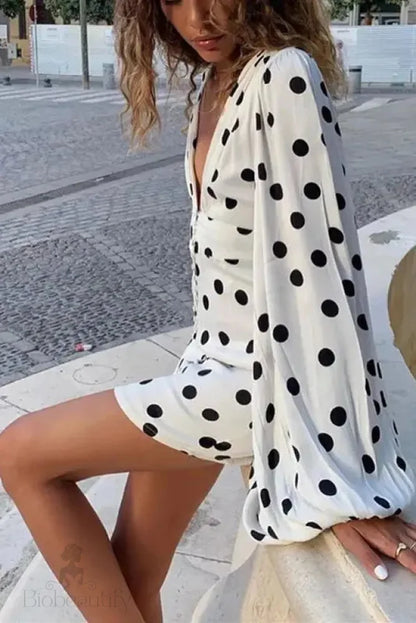 Polka Dot Mini Dress With Lantern Sleeves