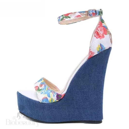 Print Denim Roman Wedges High Heels Sandals For Women By Fashion Designer Blue / 35