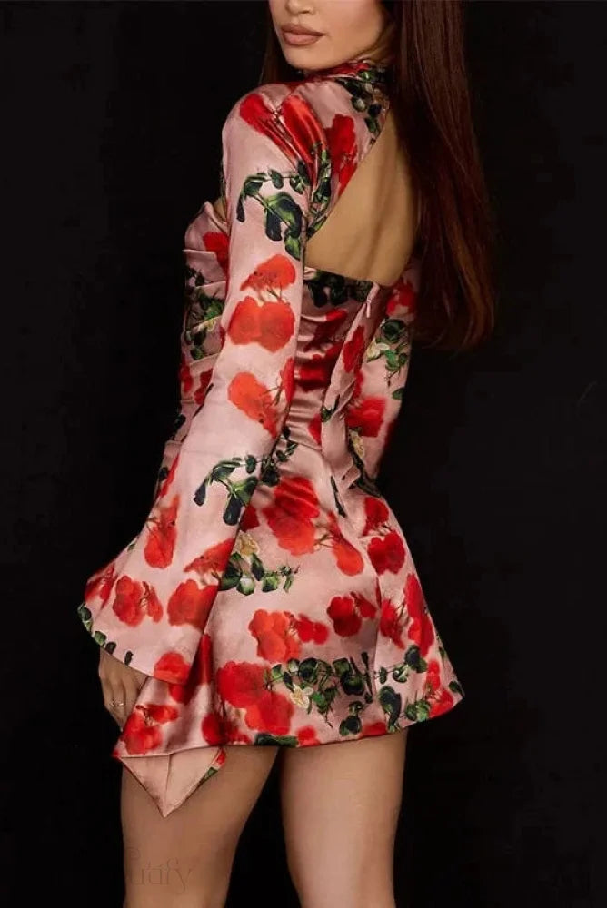 Printed Hollow Out Long Sleeve Bodycon Mini Dress