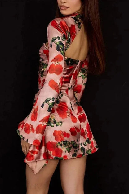 Printed Hollow Out Long Sleeve Bodycon Mini Dress