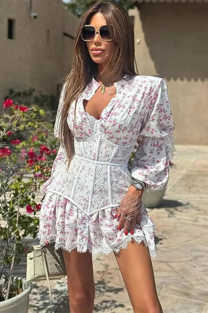 Printed Lace Mini Dress With V-Neck