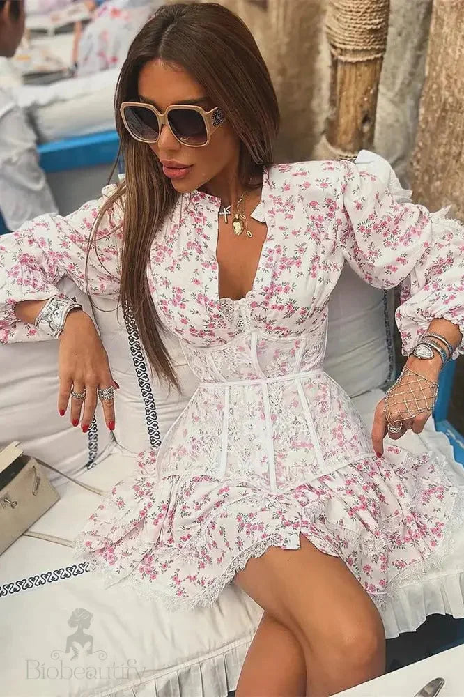 Printed Lace Mini Dress With V-Neck