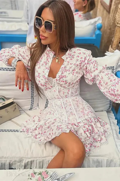 Printed Lace Mini Dress With V-Neck