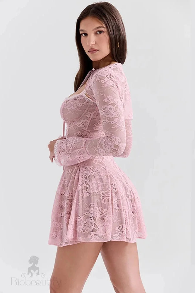 Printed Two-Piece Mini Dress With See-Through Flare Sleeves