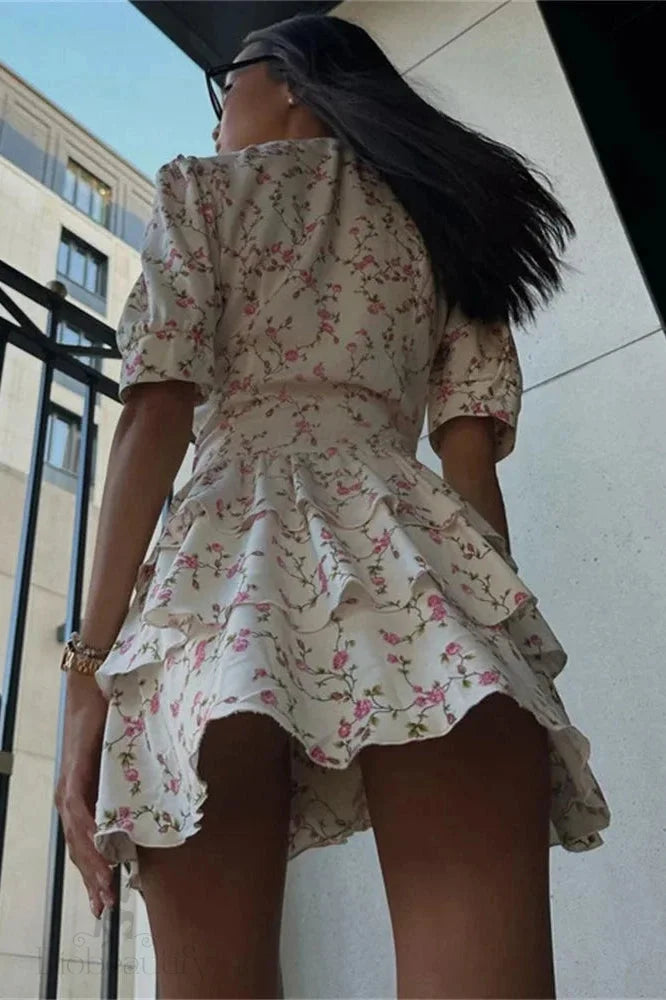 Printed V-Neck Short Sleeve Mini Dress