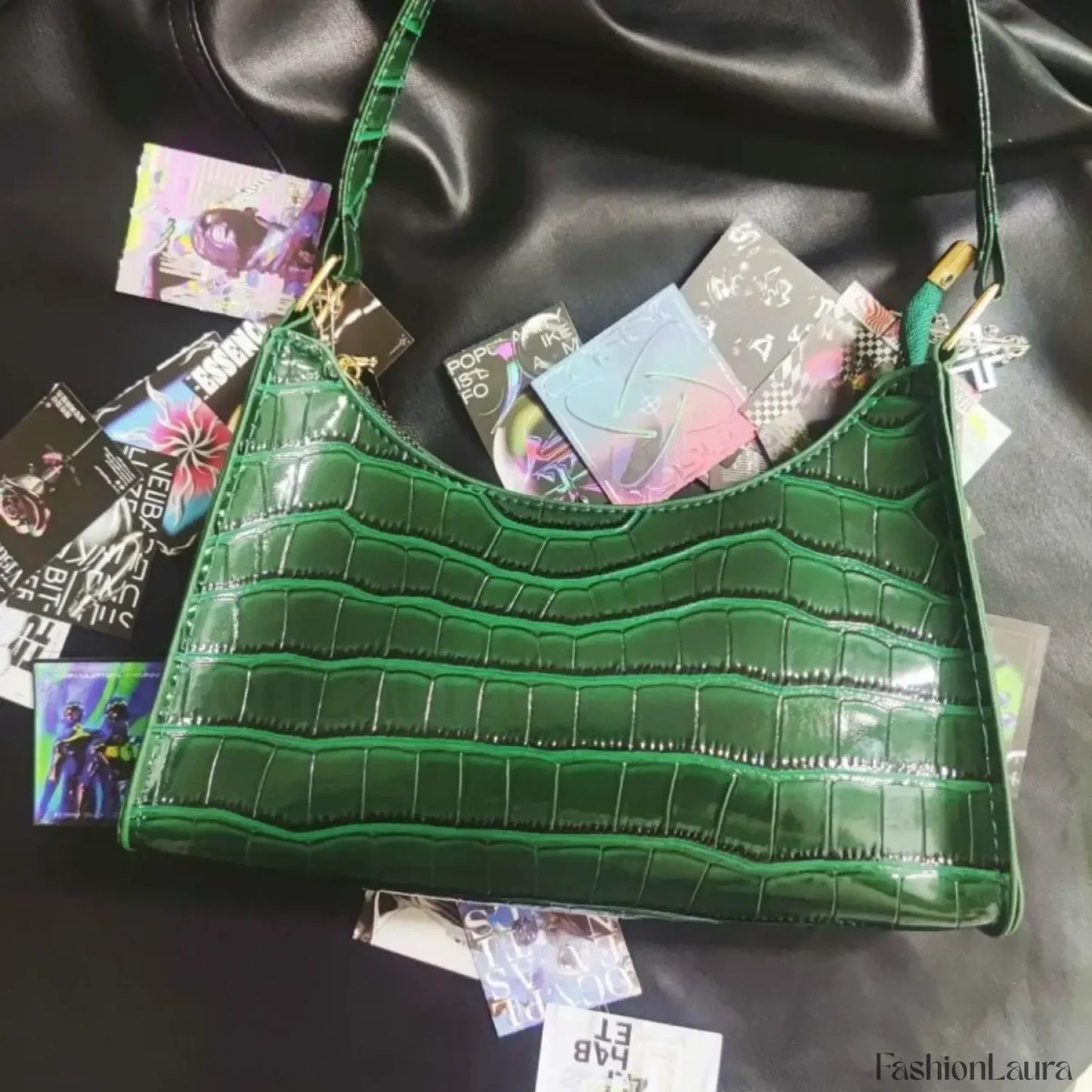 Punk Gothic Y2k Street Cross Chains Crocodile Pattern Green Underarm Bag