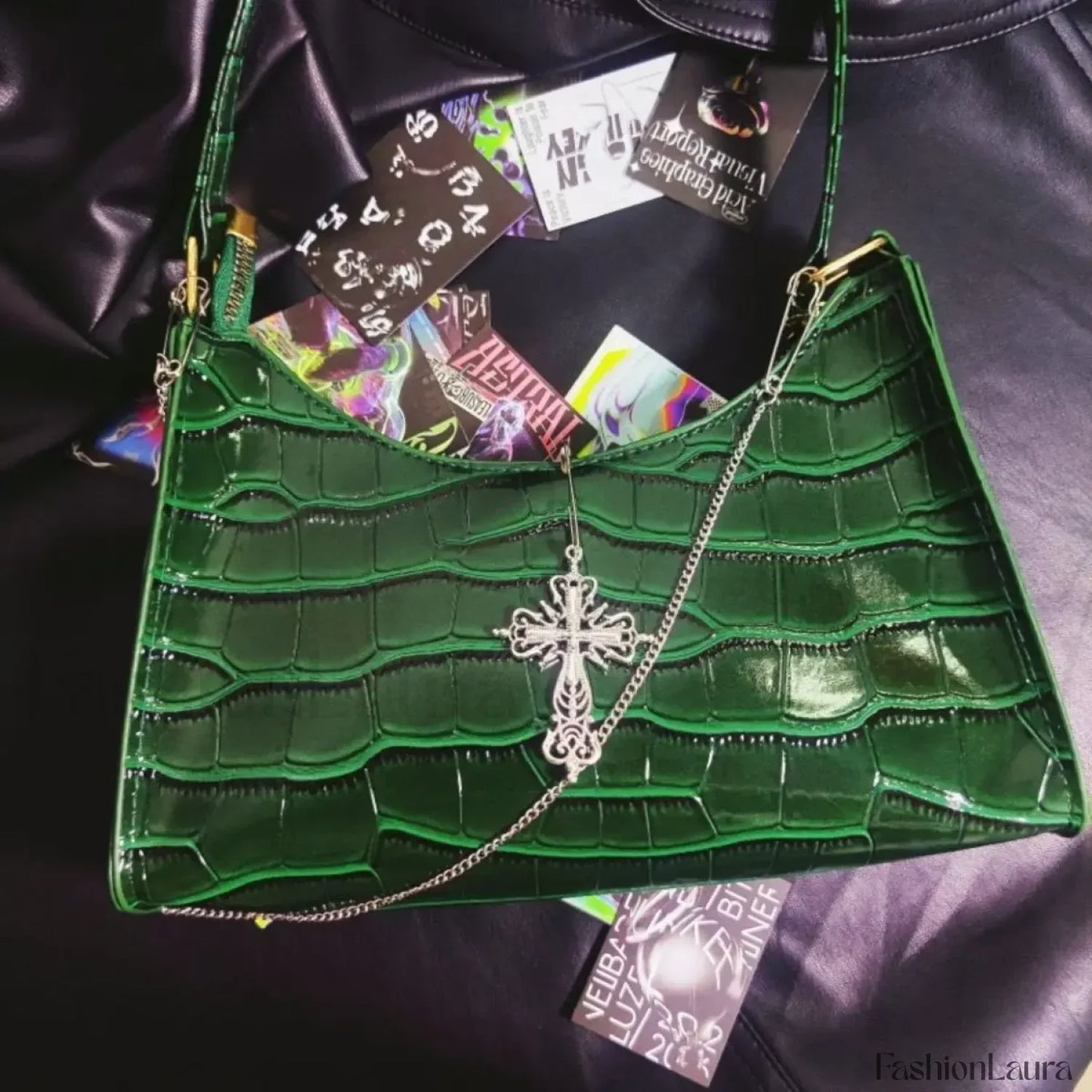 Punk Gothic Y2k Street Cross Chains Crocodile Pattern Green Underarm Bag