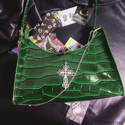 Punk Gothic Y2k Street Cross Chains Crocodile Pattern Green Underarm Bag