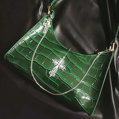 Punk Gothic Y2k Street Cross Chains Crocodile Pattern Green Underarm Bag Green