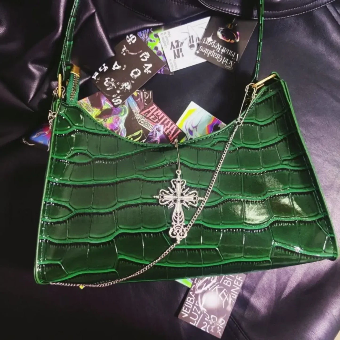 Punk Gothic Y2k Street Cross Chains Crocodile Pattern Green Underarm Bag