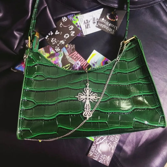 Punk Gothic Y2k Street Cross Chains Crocodile Pattern Green Underarm Bag