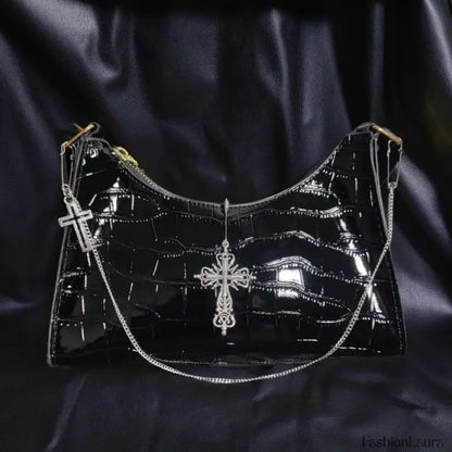 Punk Gothic Y2k Street Cross Chains Crocodile Pattern Green Underarm Bag Black