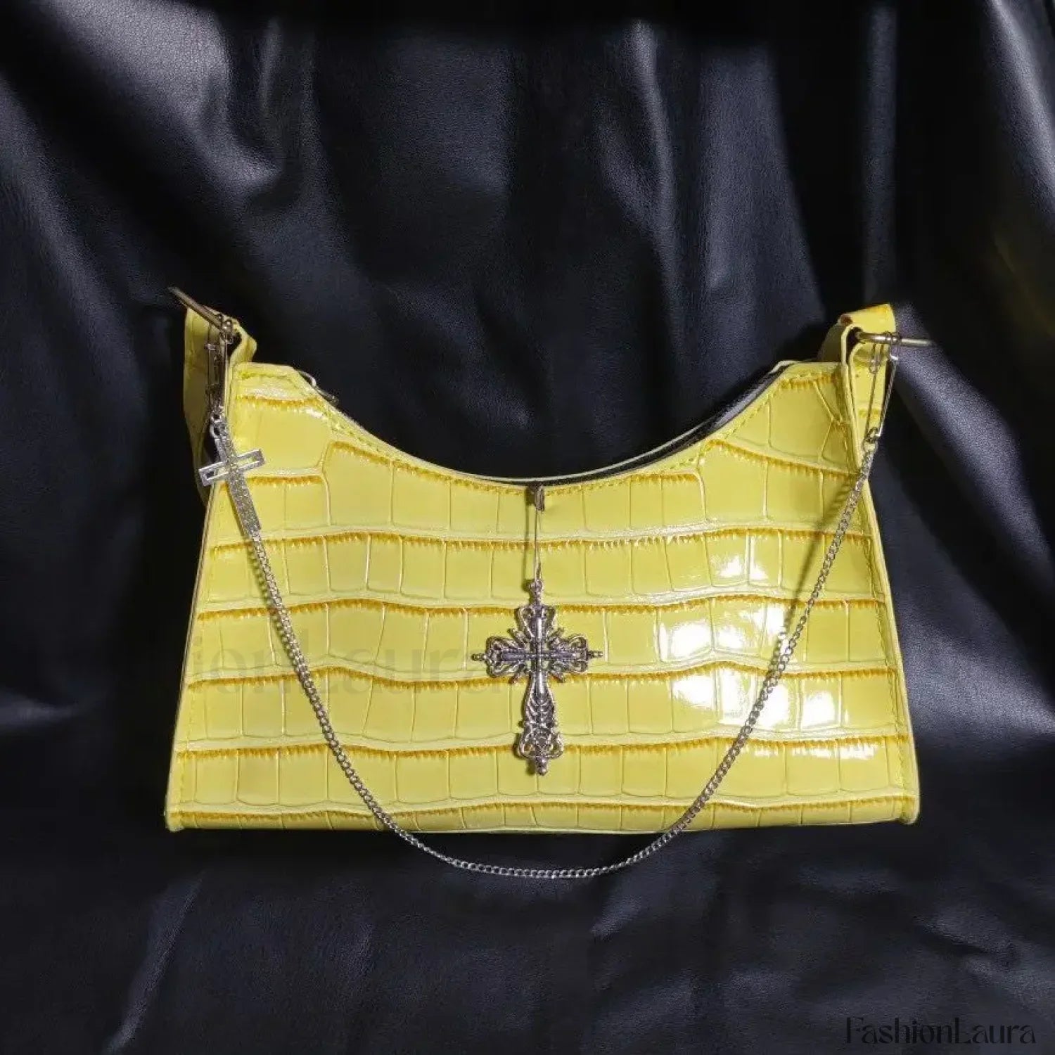 Punk Gothic Y2k Street Cross Chains Crocodile Pattern Green Underarm Bag Yellow
