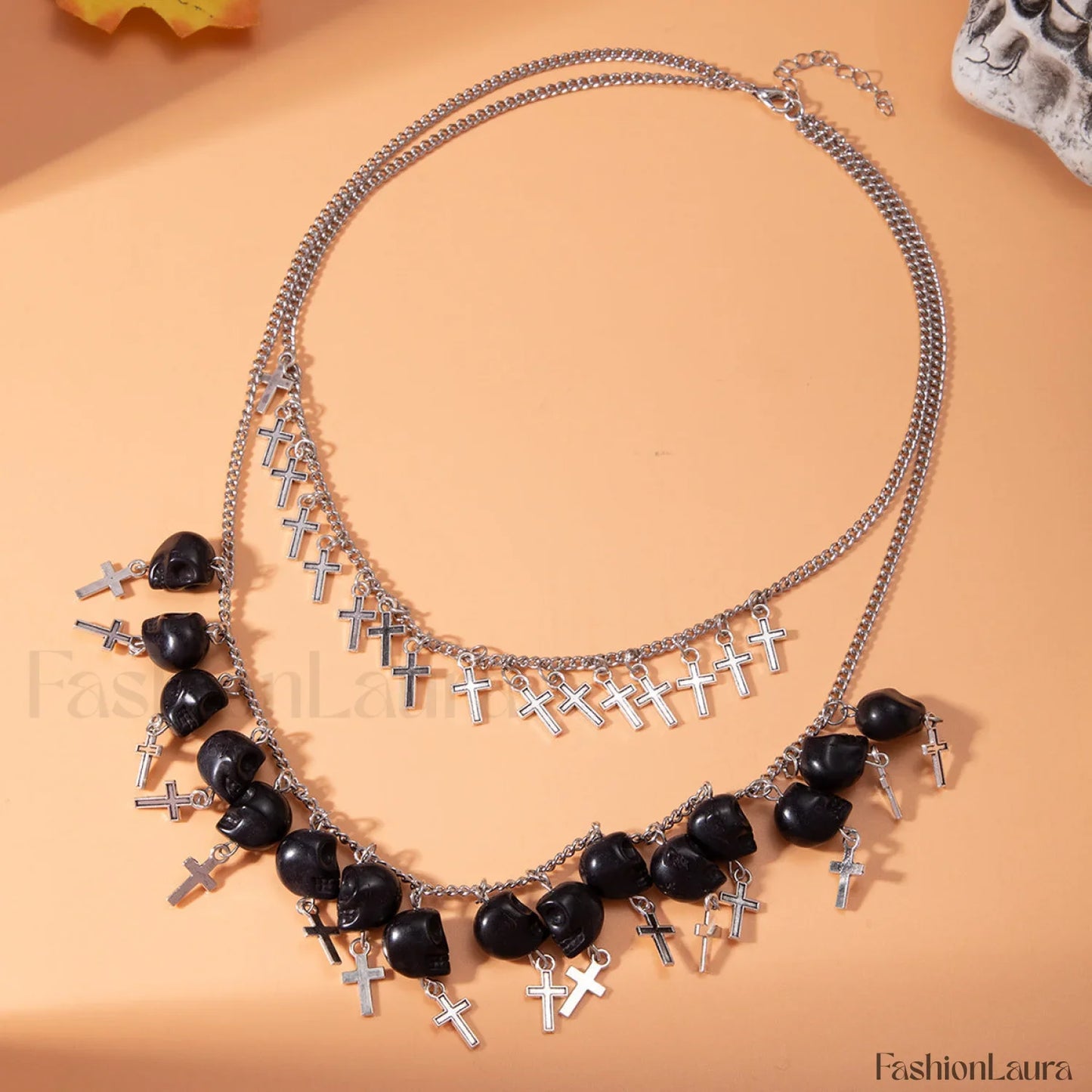 Punk Halloween Cross Tassel Skull Necklace BLACK