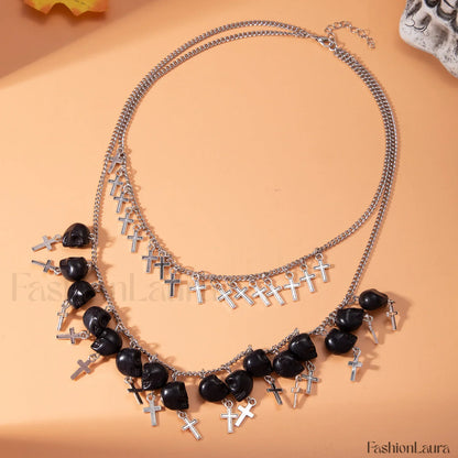 Punk Halloween Cross Tassel Skull Necklace BLACK