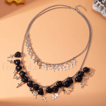 Punk Halloween Cross Tassel Skull Necklace BLACK
