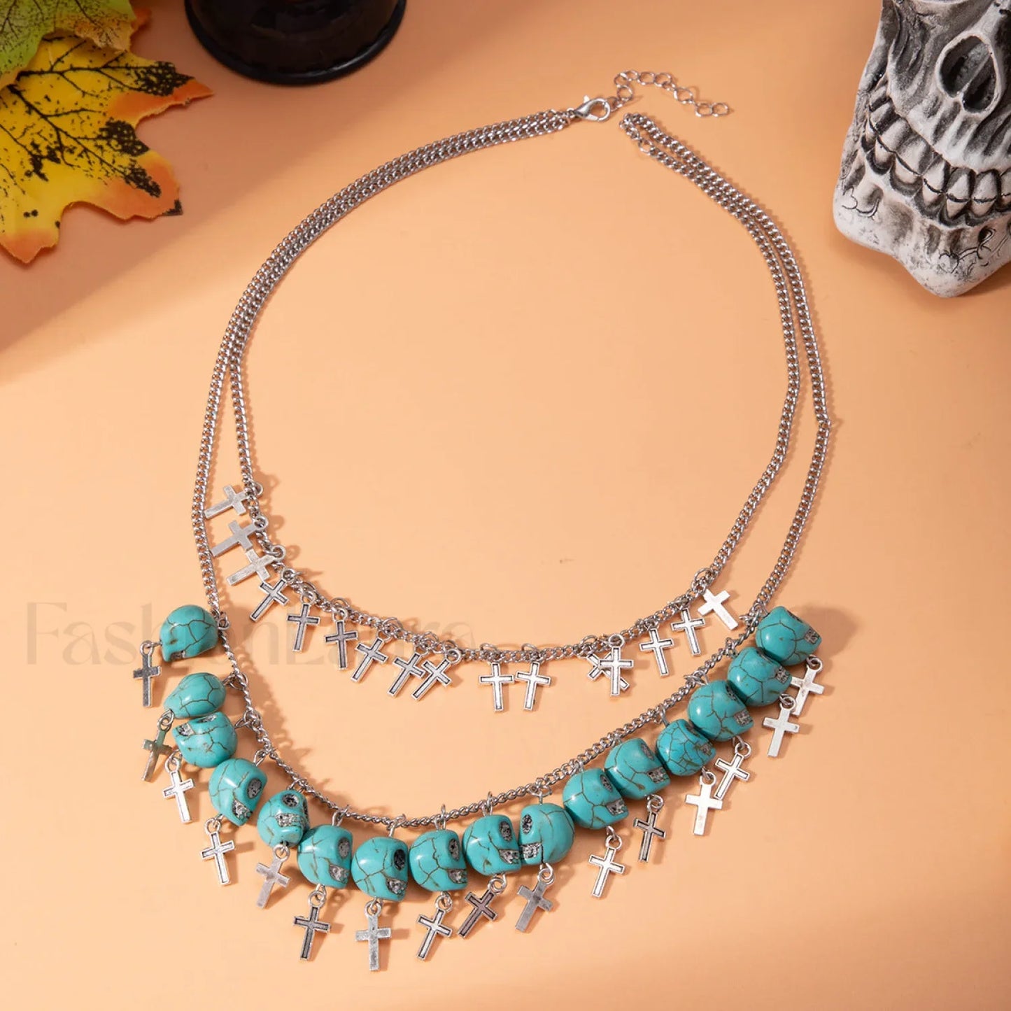 Punk Halloween Cross Tassel Skull Necklace BLUE