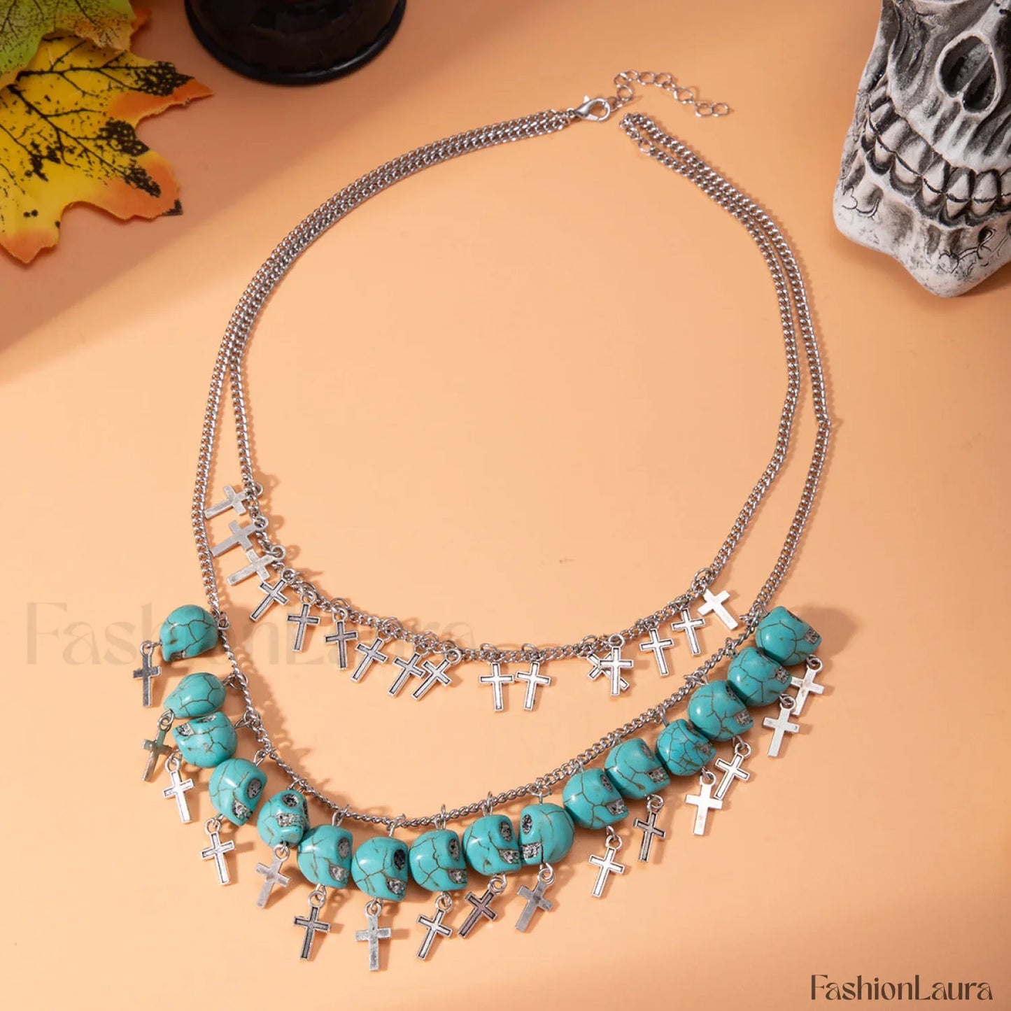 Punk Halloween Cross Tassel Skull Necklace BLUE