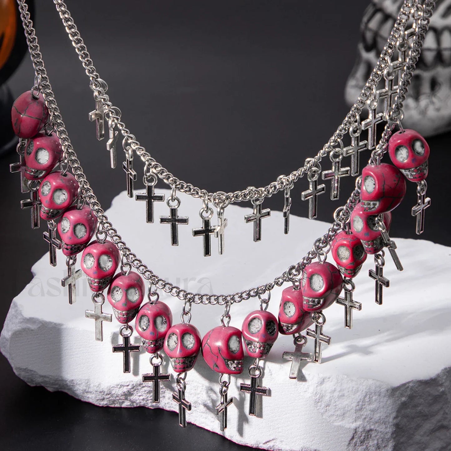 Punk Halloween Cross Tassel Skull Necklace PINK