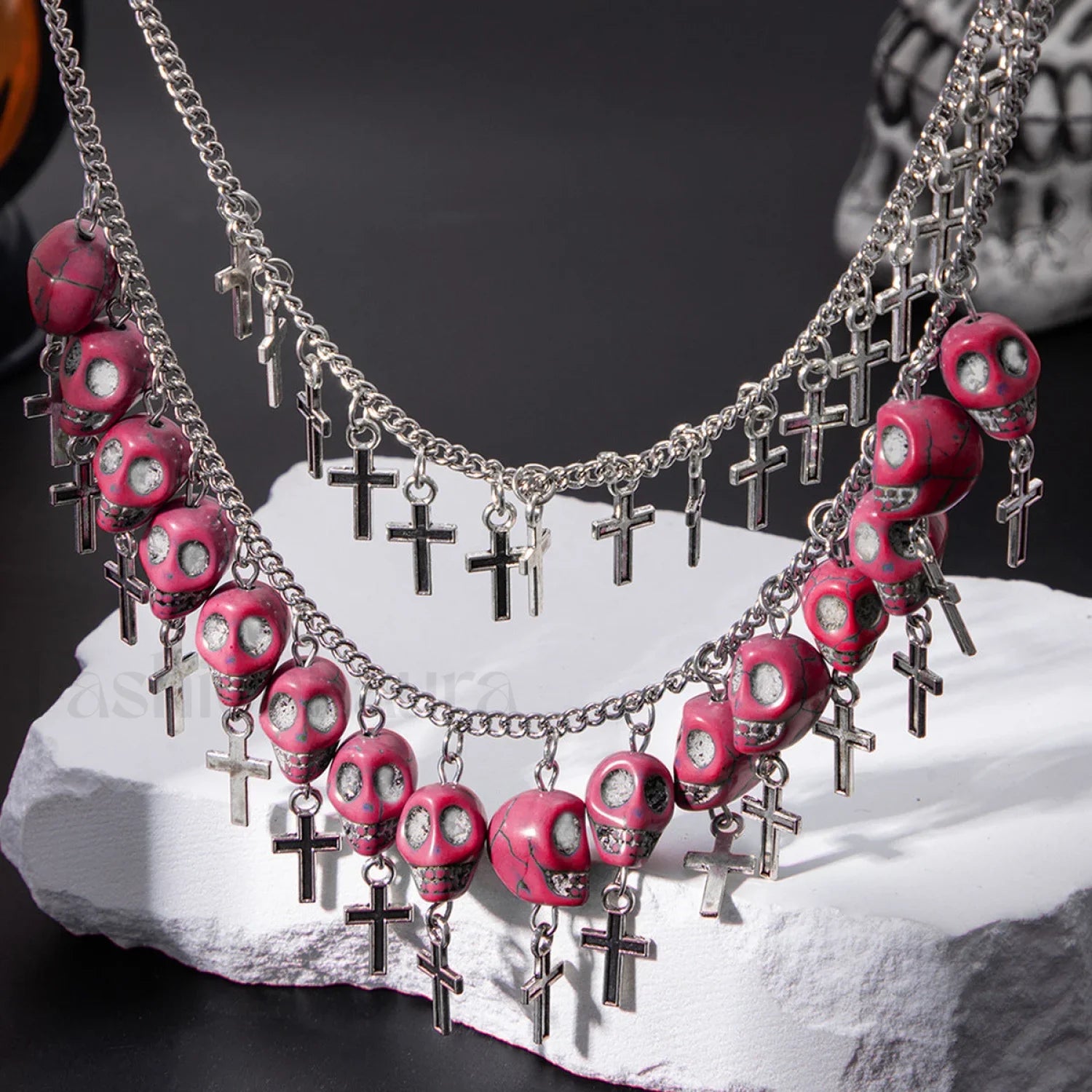 Punk Halloween Cross Tassel Skull Necklace PINK