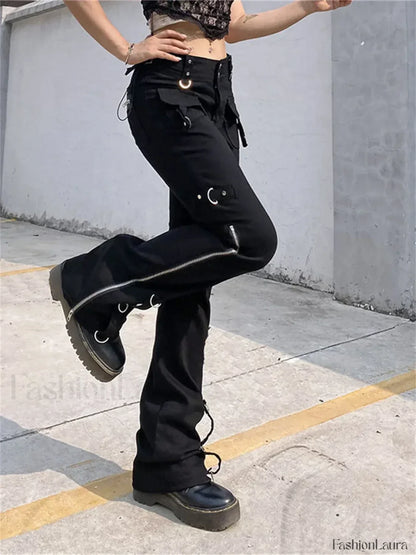 Punk Rivet Zipper Cargo Pants: Y2K Techwear Leggings