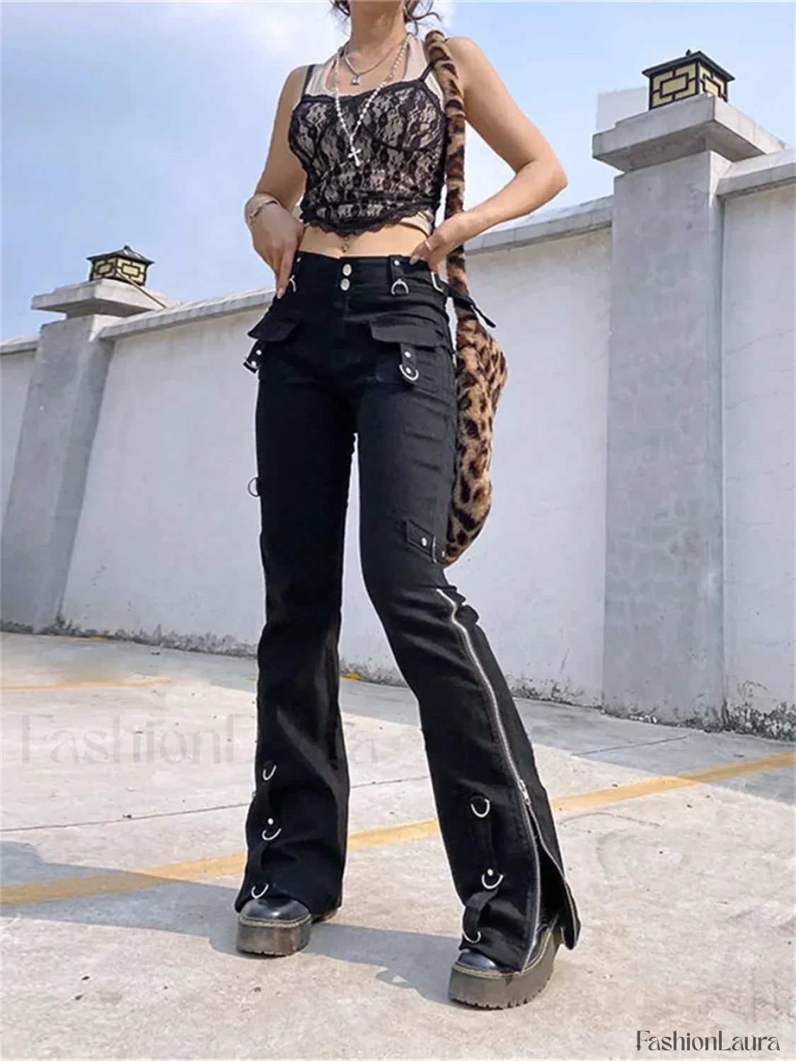 Punk Rivet Zipper Cargo Pants: Y2K Techwear Leggings