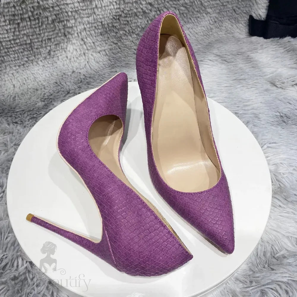 Purple Crocodile Effect Pointy Toe High Heel Party Shoes For Women