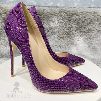 Purple Crocodile Embossed Pointy Toe Slip On High Heel Shoes For Women