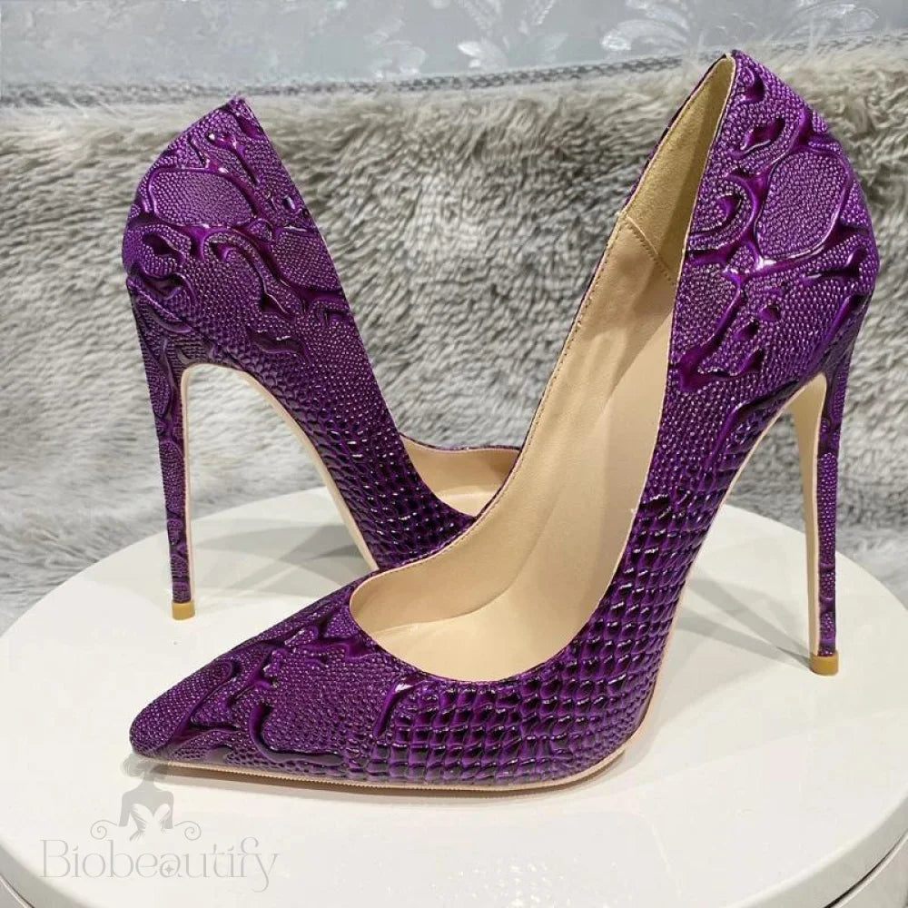 Purple Crocodile Embossed Pointy Toe Slip On High Heel Shoes For Women