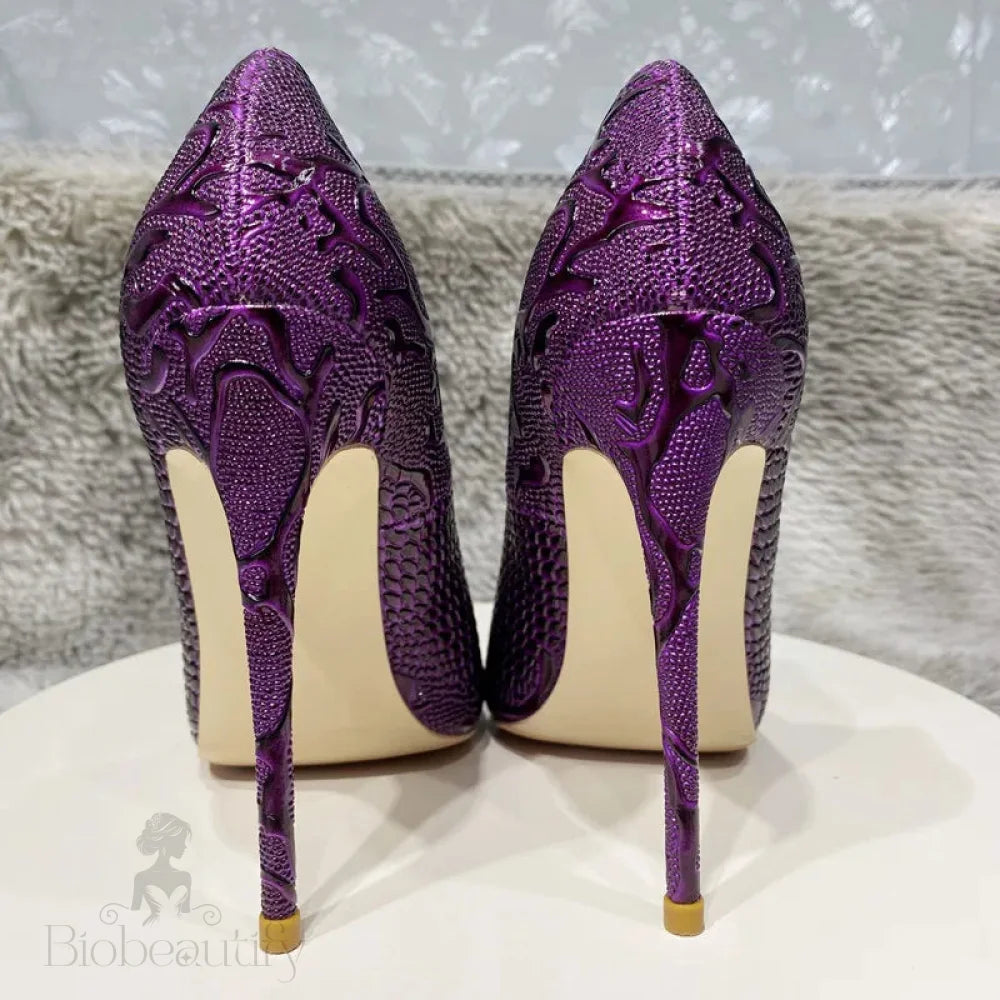 Purple Crocodile Embossed Pointy Toe Slip On High Heel Shoes For Women