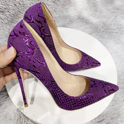 Purple Crocodile Embossed Pointy Toe Slip On High Heel Shoes For Women