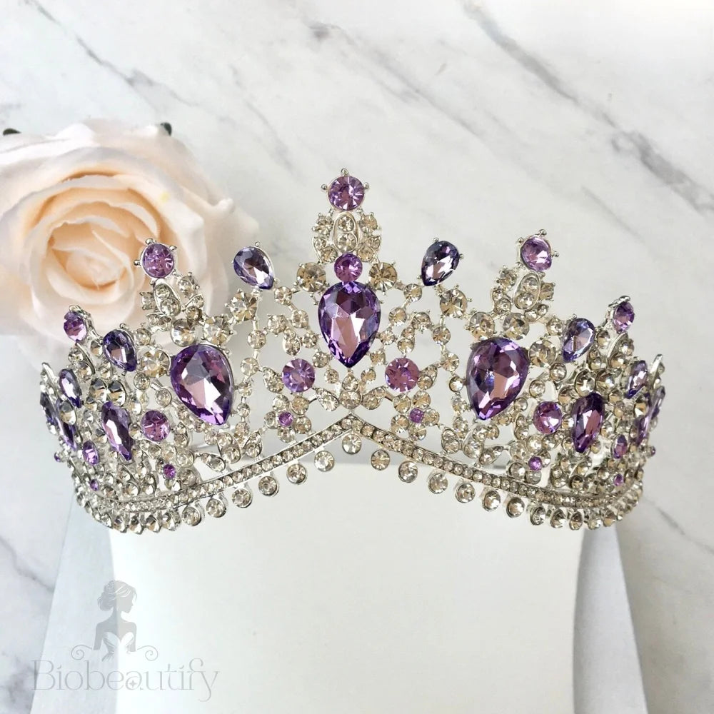 Wedding Jewelry and Accessories - Purple Crystal 3-Piece Bridal Jewelry Set With Tiara - Available in Silver and Gold