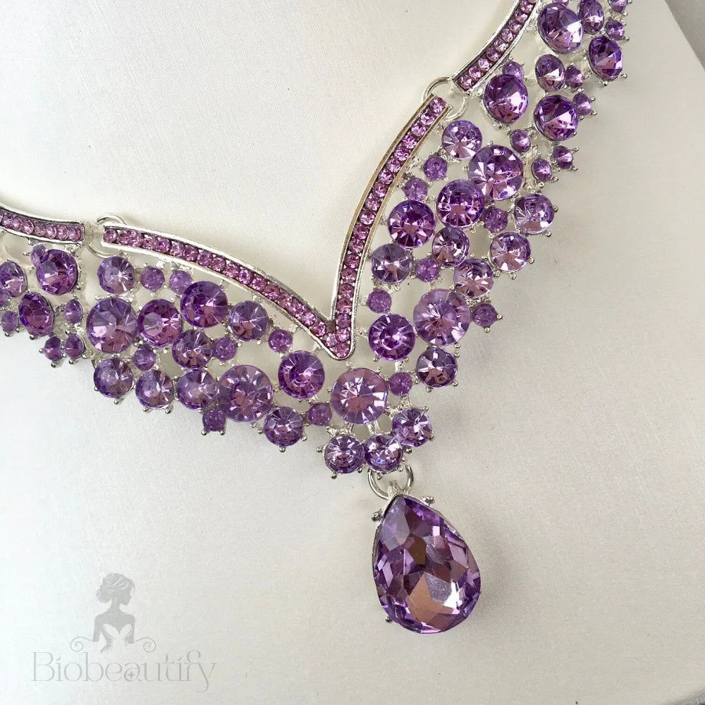 Purple Crystal Bridal Jewelry Set - 3-Piece With Tiara In Silver And Gold