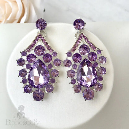 Purple Crystal Bridal Jewelry Set - 3-Piece With Tiara In Silver And Gold