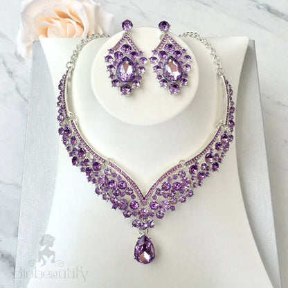 Purple Crystal Bridal Jewelry Set - 3-Piece With Tiara In Silver And Gold