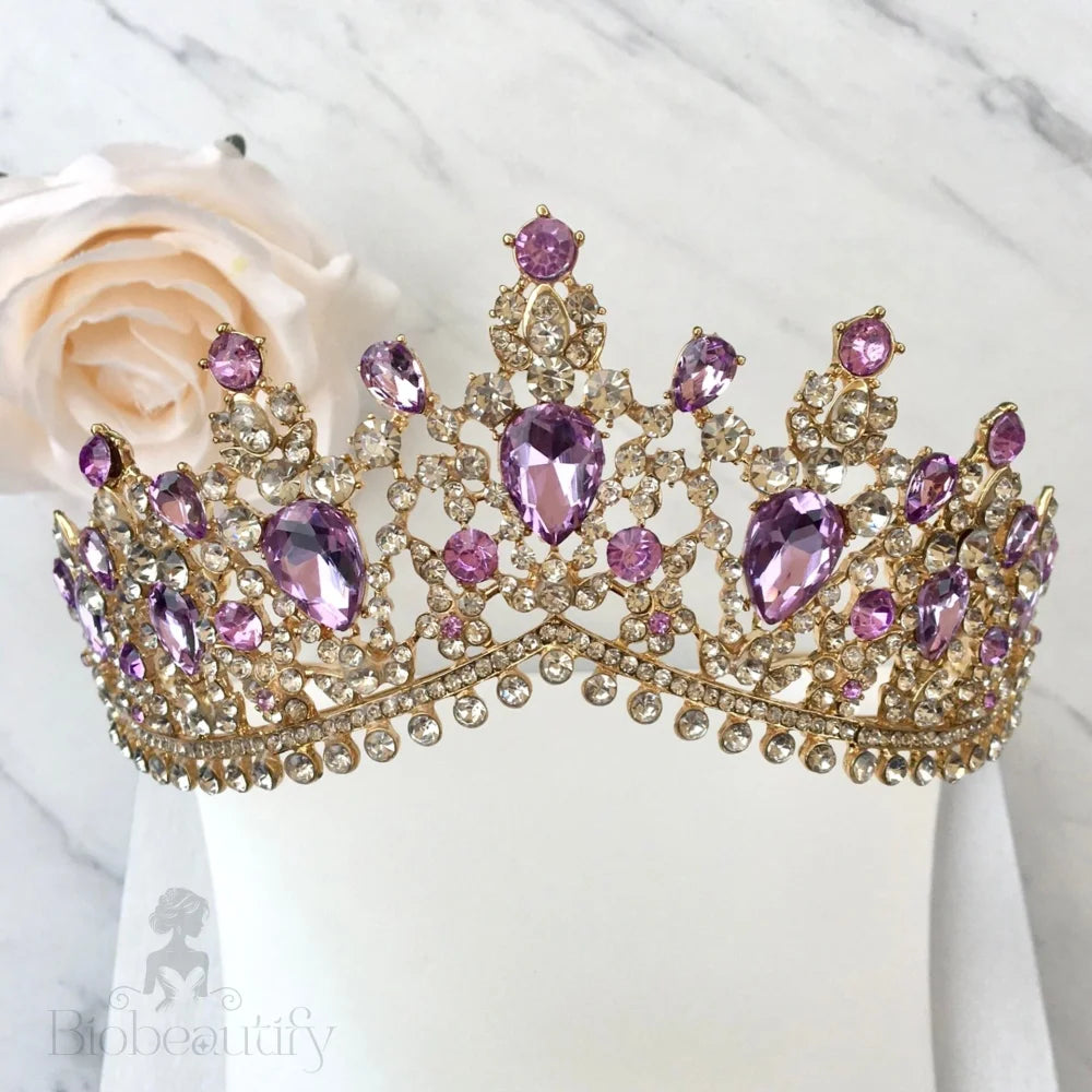 Wedding Jewelry and Accessories - Purple Crystal 3-Piece Bridal Jewelry Set With Tiara - Available in Silver and Gold