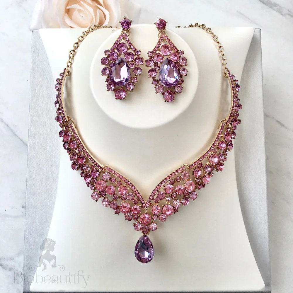 Purple Crystal Bridal Jewelry Set - 3-Piece With Tiara In Silver And Gold