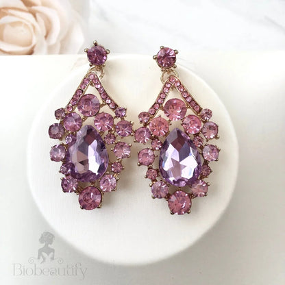 Purple Crystal Bridal Jewelry Set - 3-Piece With Tiara In Silver And Gold