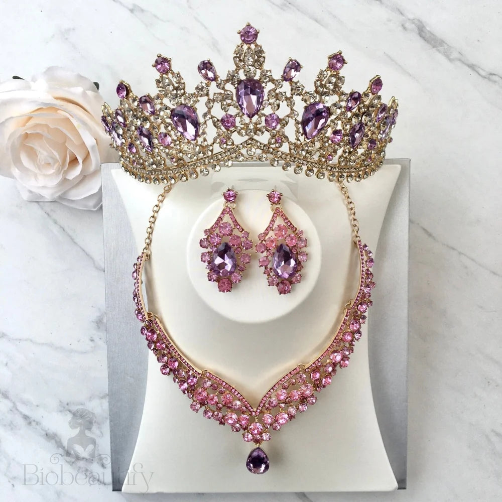 Purple Crystal Bridal Jewelry Set - 3-Piece With Tiara In Silver And Gold